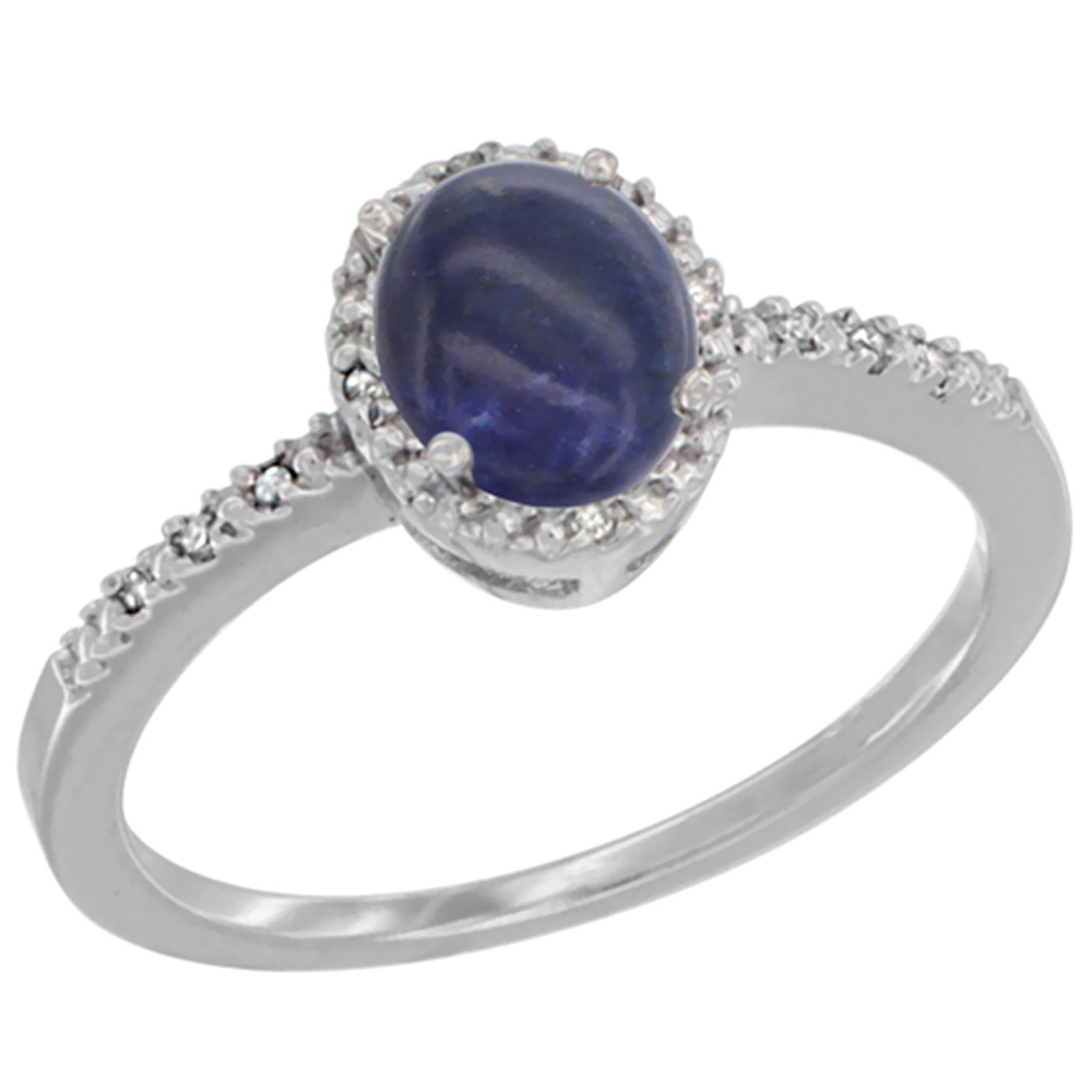 14K White Gold Diamond Natural Lapis Engagement Ring Oval 7x5 mm, sizes 5 - 10