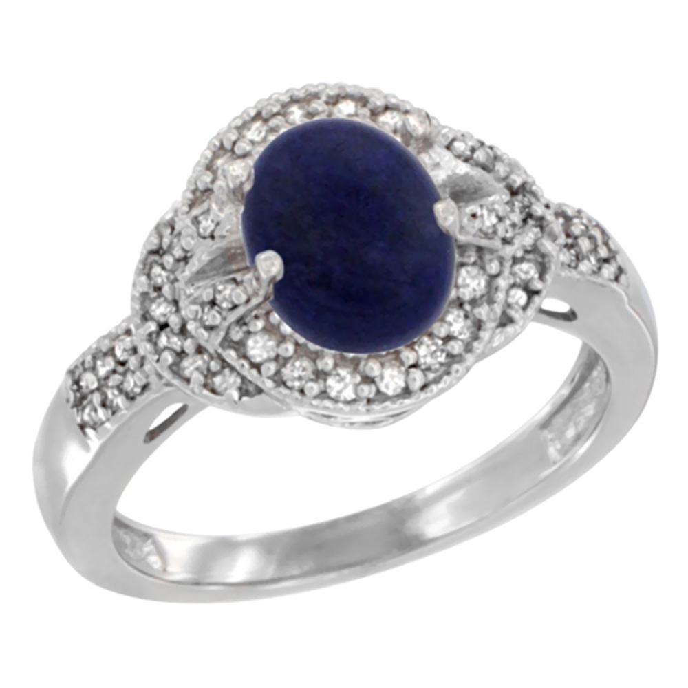 10K White Gold Natural Lapis Ring Oval 8x6 mm Diamond Accent, sizes 5 - 10