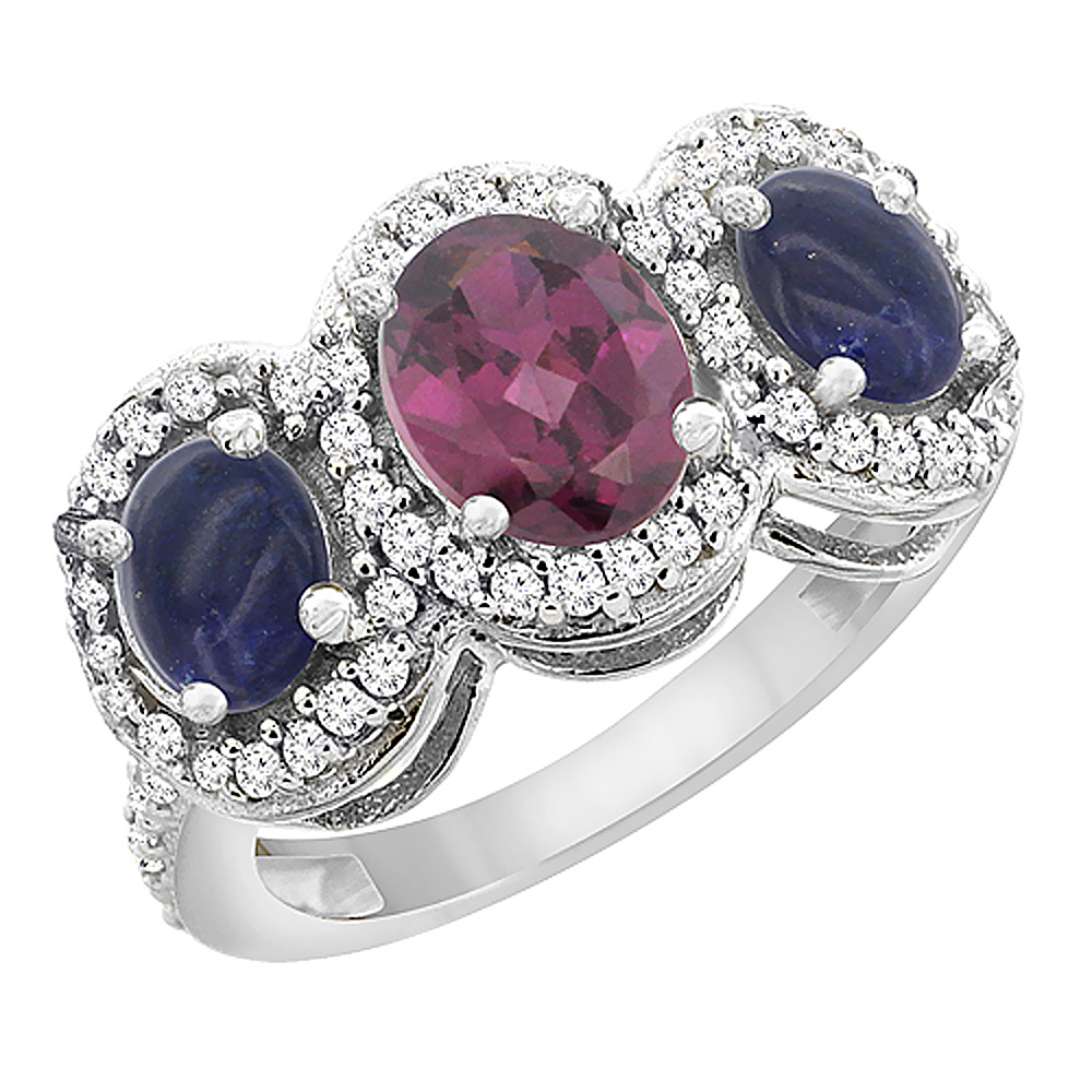 10K White Gold Natural Rhodolite &amp; Lapis 3-Stone Ring Oval Diamond Accent, sizes 5 - 10