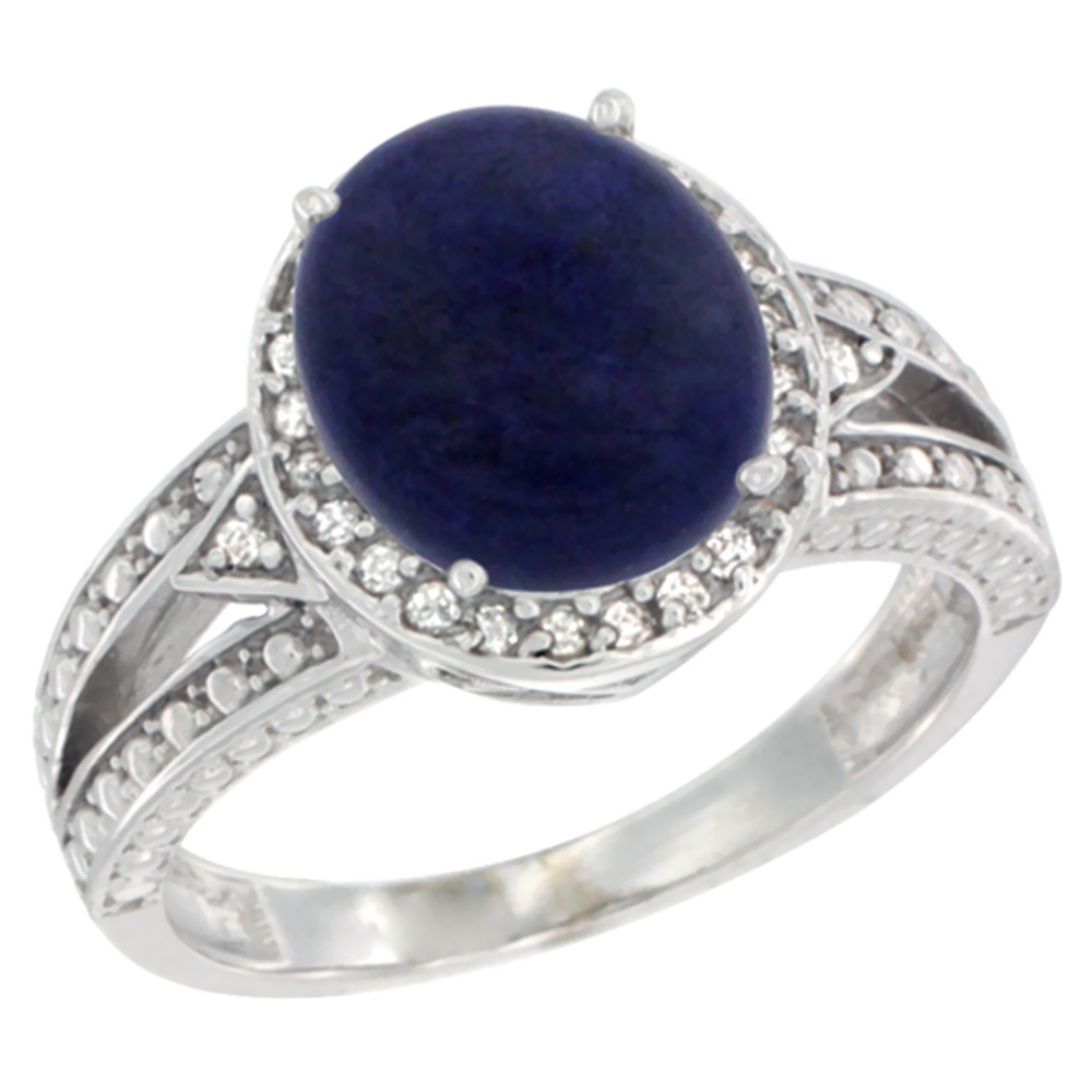 14K White Gold Natural Lapis Ring Oval 9x7 mm Diamond Halo, sizes 5 - 10