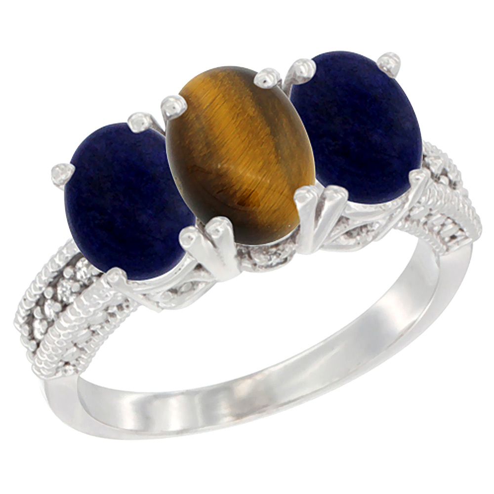 10K White Gold Diamond Natural Tiger Eye &amp; Lapis Ring 3-Stone 7x5 mm Oval, sizes 5 - 10