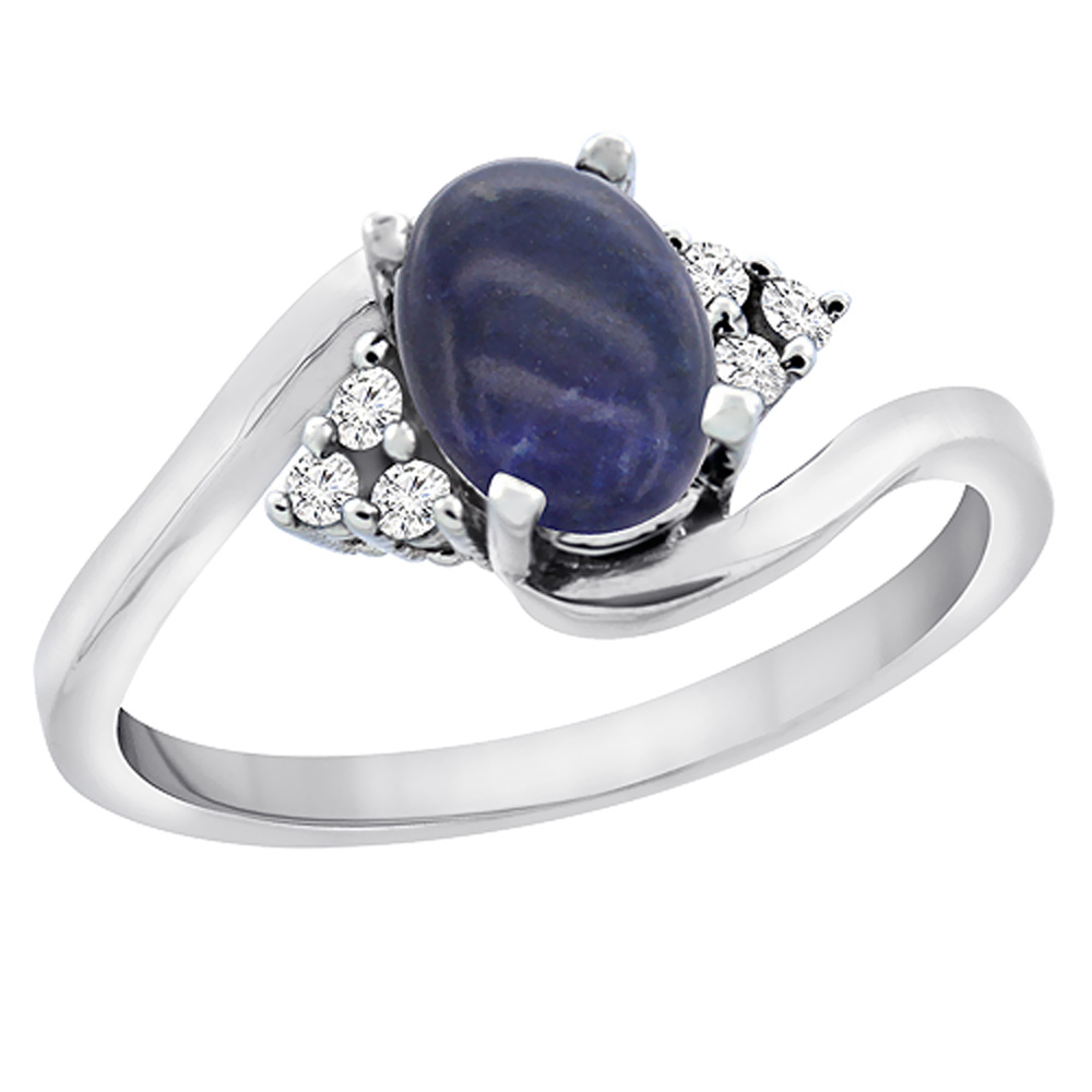 14K White Gold Diamond Natural Lapis Engagement Ring Oval 7x5mm, sizes 5 - 10