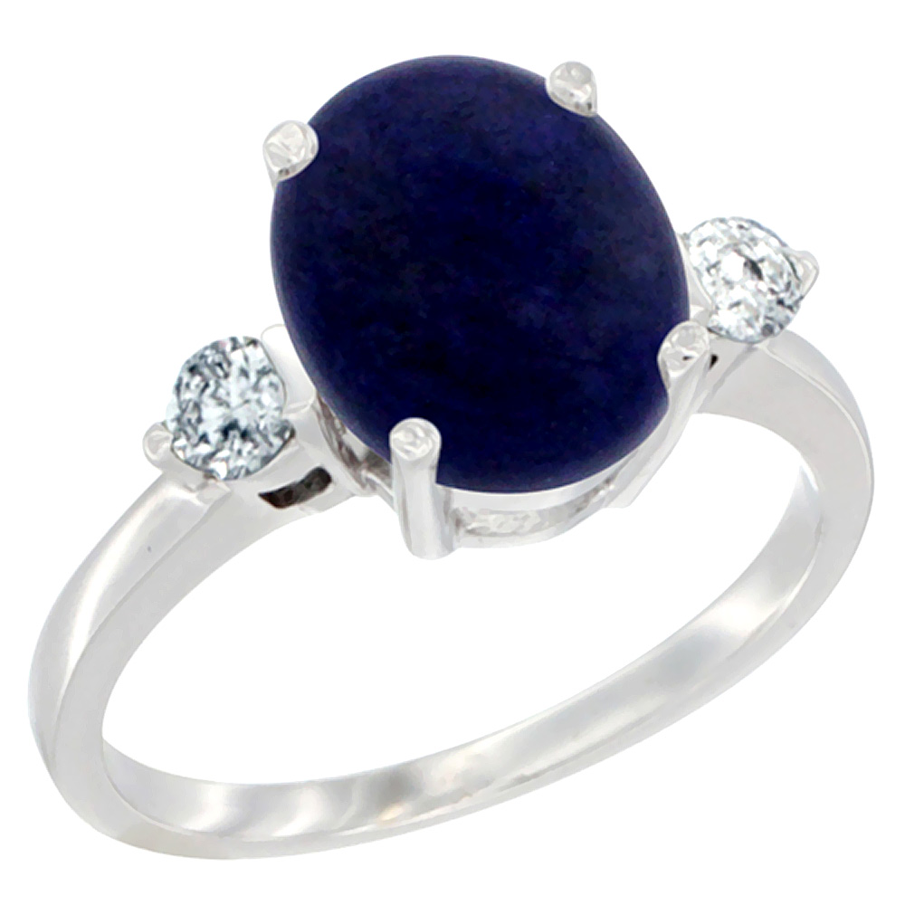 10K White Gold 10x8mm Oval Natural Lapis Ring for Women Diamond Side-stones sizes 5 - 10