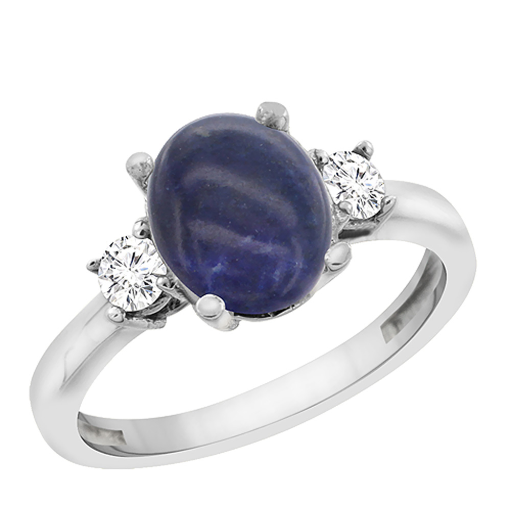 14K White Gold Natural Lapis Engagement Ring Oval 10x8 mm Diamond Sides, sizes 5 - 10