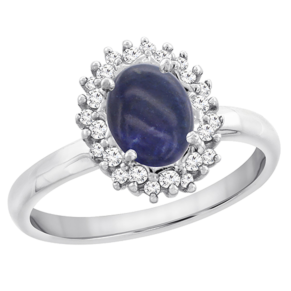 14K White Gold Diamond Natural Lapis Engagement Ring Oval 7x5mm, sizes 5 - 10