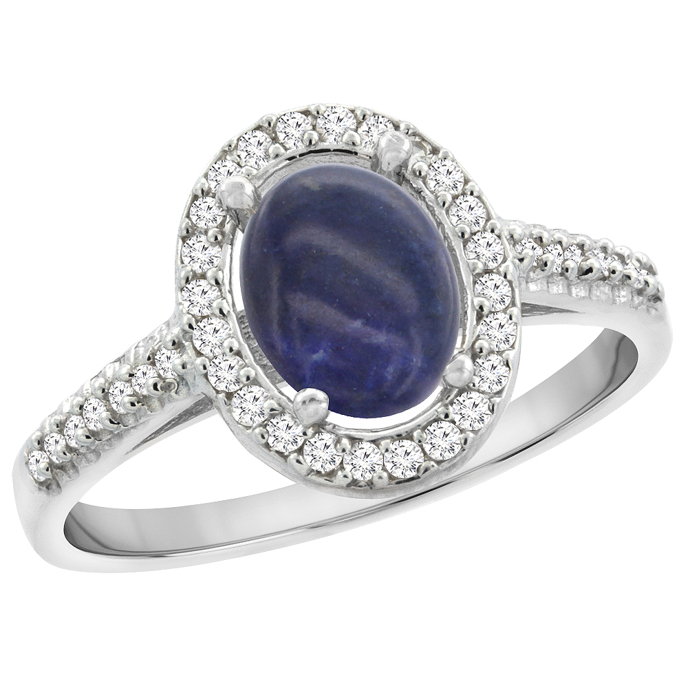 14K White Gold Natural Lapis Engagement Ring Oval 7x5 mm Diamond Halo, sizes 5 - 10