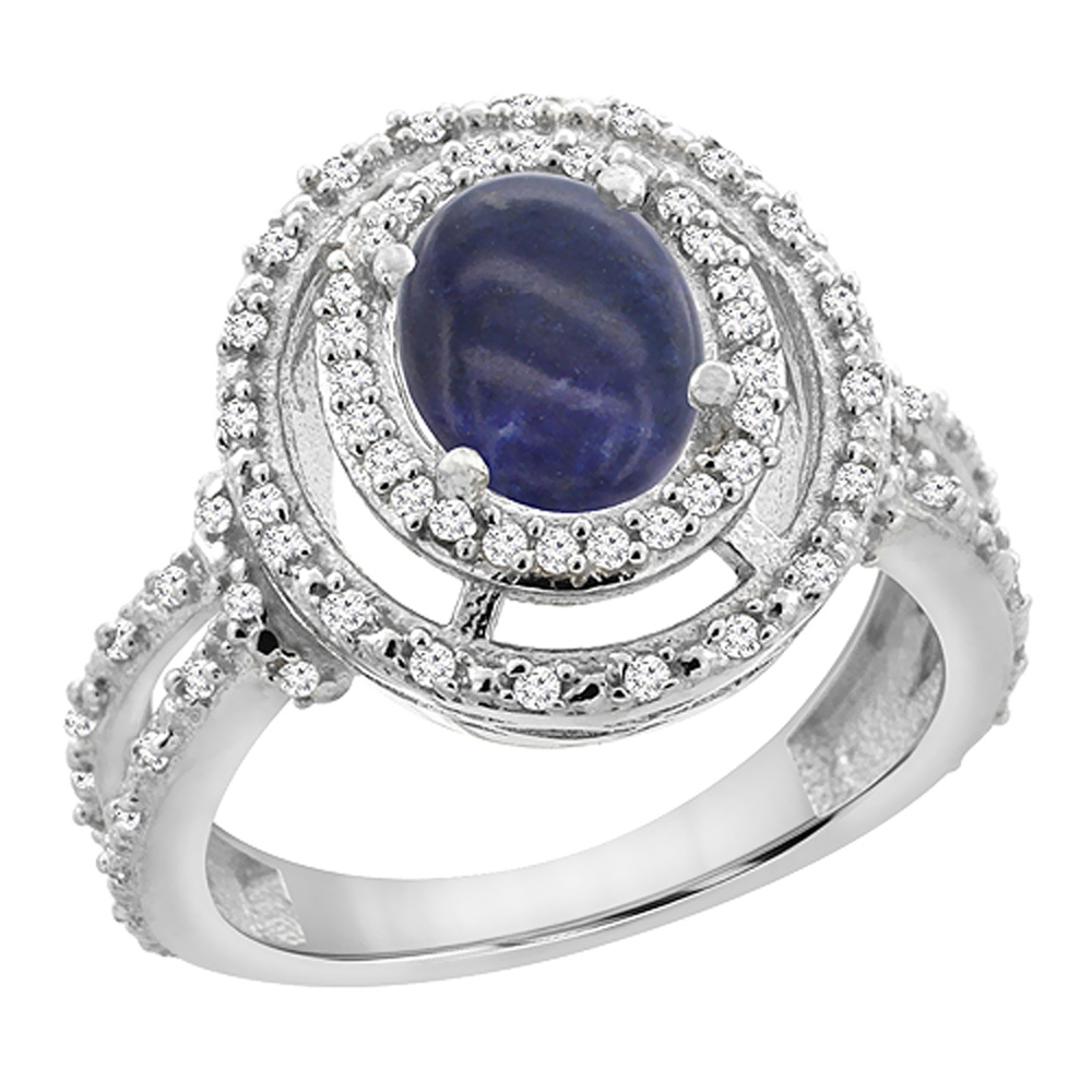 10K White Gold Natural Lapis Ring Oval 8x6 mm Double Halo Diamond, sizes 5 - 10