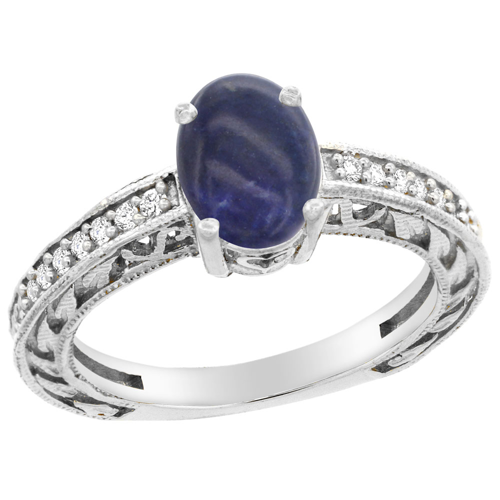 14K Gold Natural Lapis Ring Oval 8x6 mm Diamond Accents, sizes 5 - 10