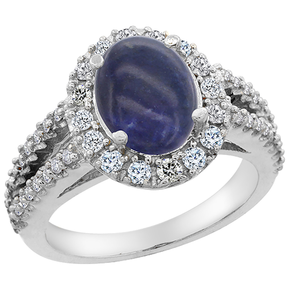 14K White Gold Diamond Natural Lapis Engagement Ring Oval 10x8mm, sizes 5-10