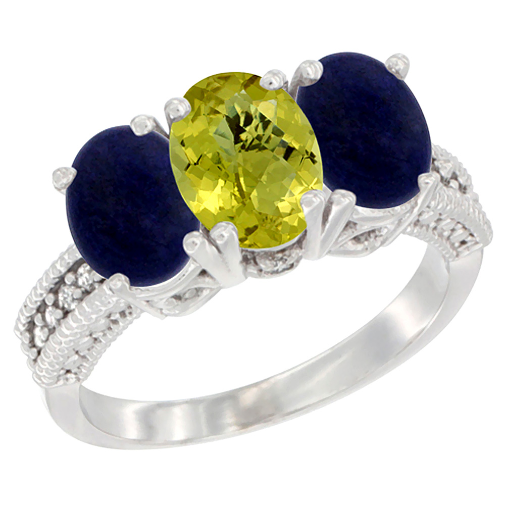 14K White Gold Natural Lemon Quartz Ring with Lapis 3-Stone 7x5 mm Oval Diamond Accent, sizes 5 - 10
