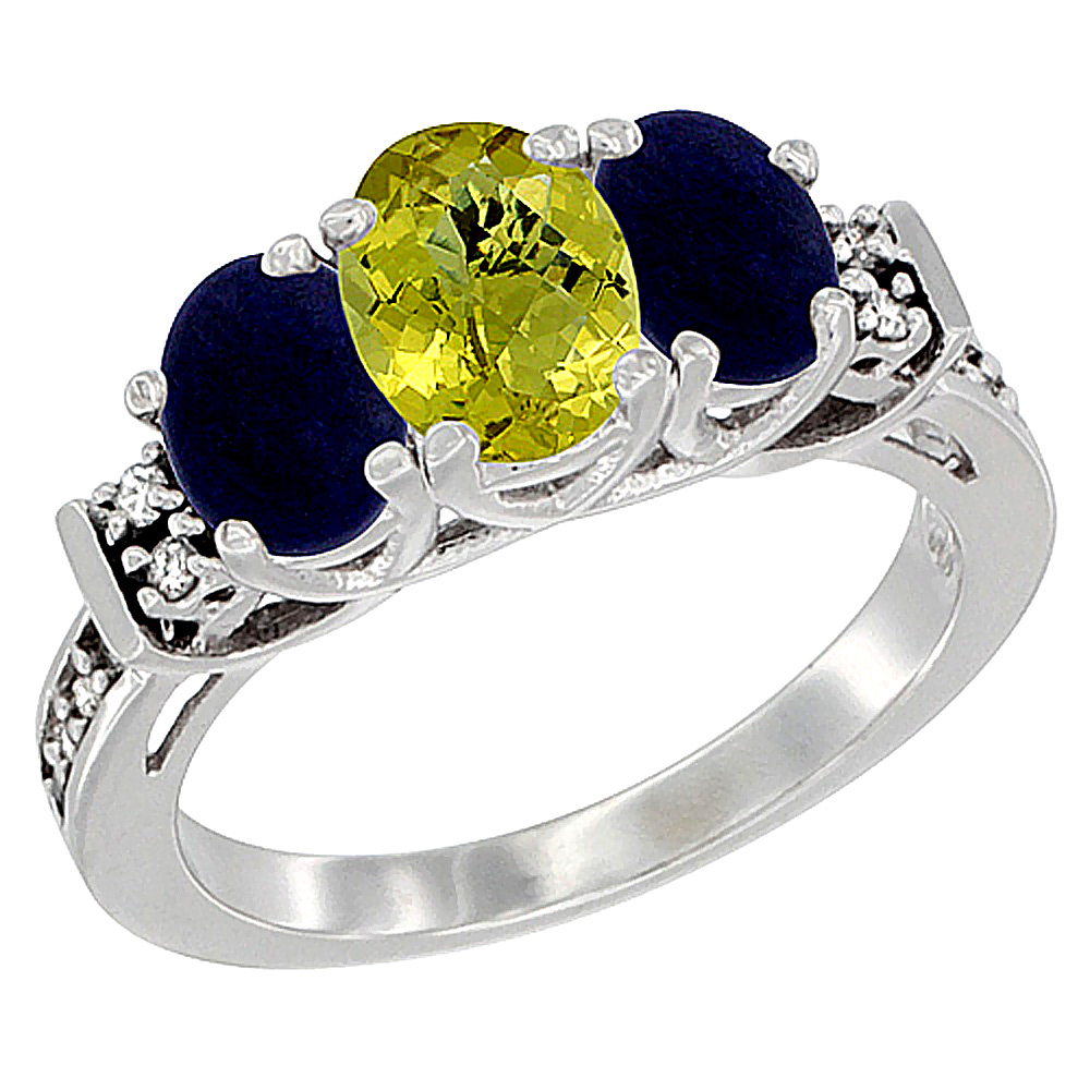 10K White Gold Natural Lemon Quartz & Lapis Ring 3-Stone Oval Diamond Accent, sizes 5-10