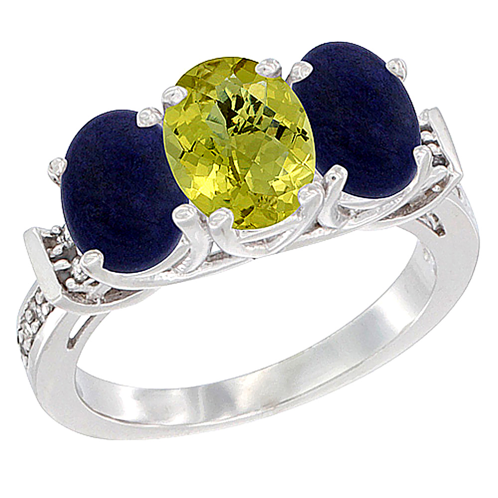 14K White Gold Natural Lemon Quartz &amp; Lapis Sides Ring 3-Stone Oval Diamond Accent, sizes 5 - 10