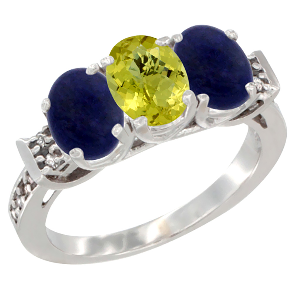 10K White Gold Natural Lemon Quartz & Lapis Sides Ring 3-Stone Oval 7x5 mm Diamond Accent, sizes 5 - 10