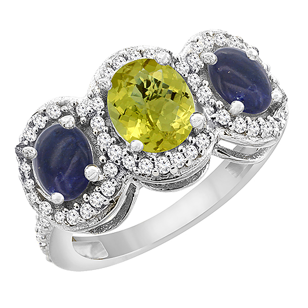 14K White Gold Natural Lemon Quartz & Lapis 3-Stone Ring Oval Diamond Accent, sizes 5 - 10