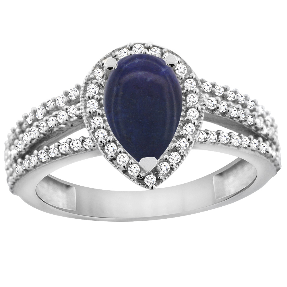 14K White Gold Natural Lapis Ring 9x7 Pear Halo Diamond, sizes 5 - 10