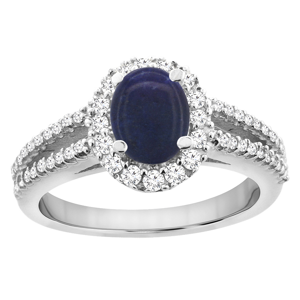 10K White Gold Natural Lapis Split Shank Halo Engagement Ring Oval 7x5 mm, sizes 5 - 10