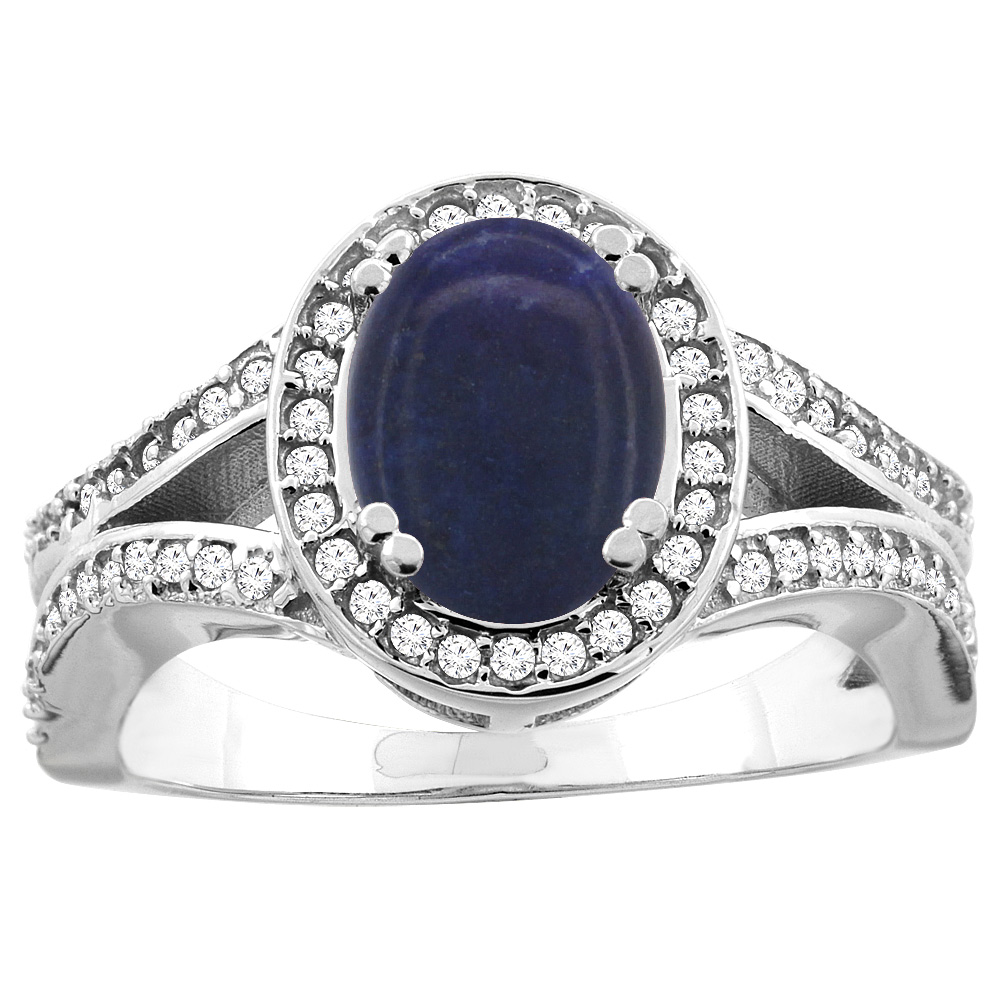 10K White/Yellow Gold Natural Lapis Split Ring Oval 8x6mm Diamond Accent, sizes 5 - 10