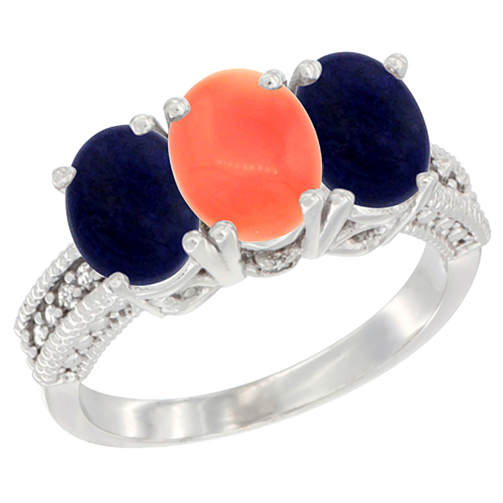 14K White Gold Natural Coral Ring with Lapis 3-Stone 7x5 mm Oval Diamond Accent, sizes 5 - 10