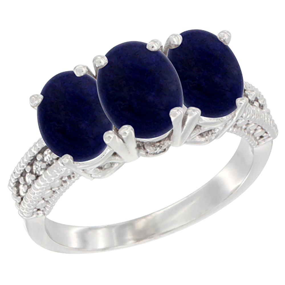 14K White Gold Natural Lapis Ring 3-Stone 7x5 mm Oval Diamond Accent, sizes 5 - 10