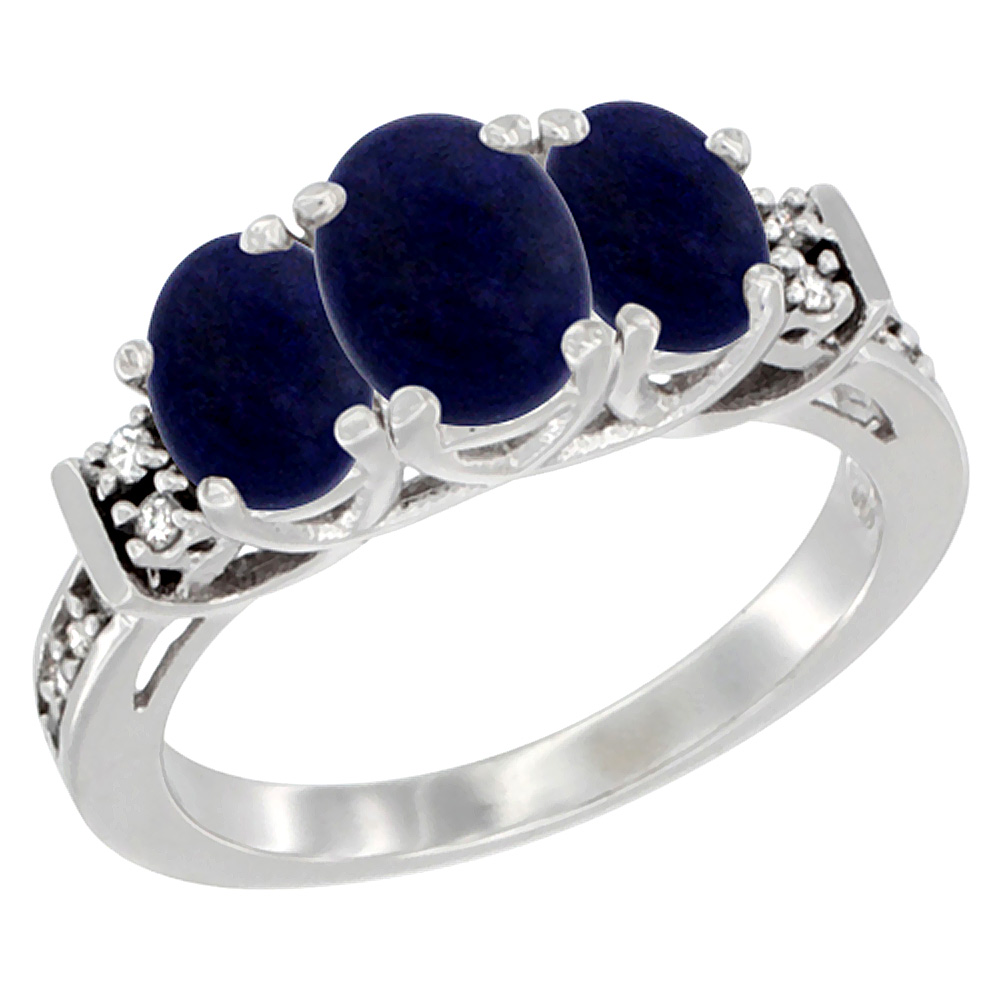 14K White Gold Natural Lapis Ring 3-Stone Oval Diamond Accent, sizes 5-10