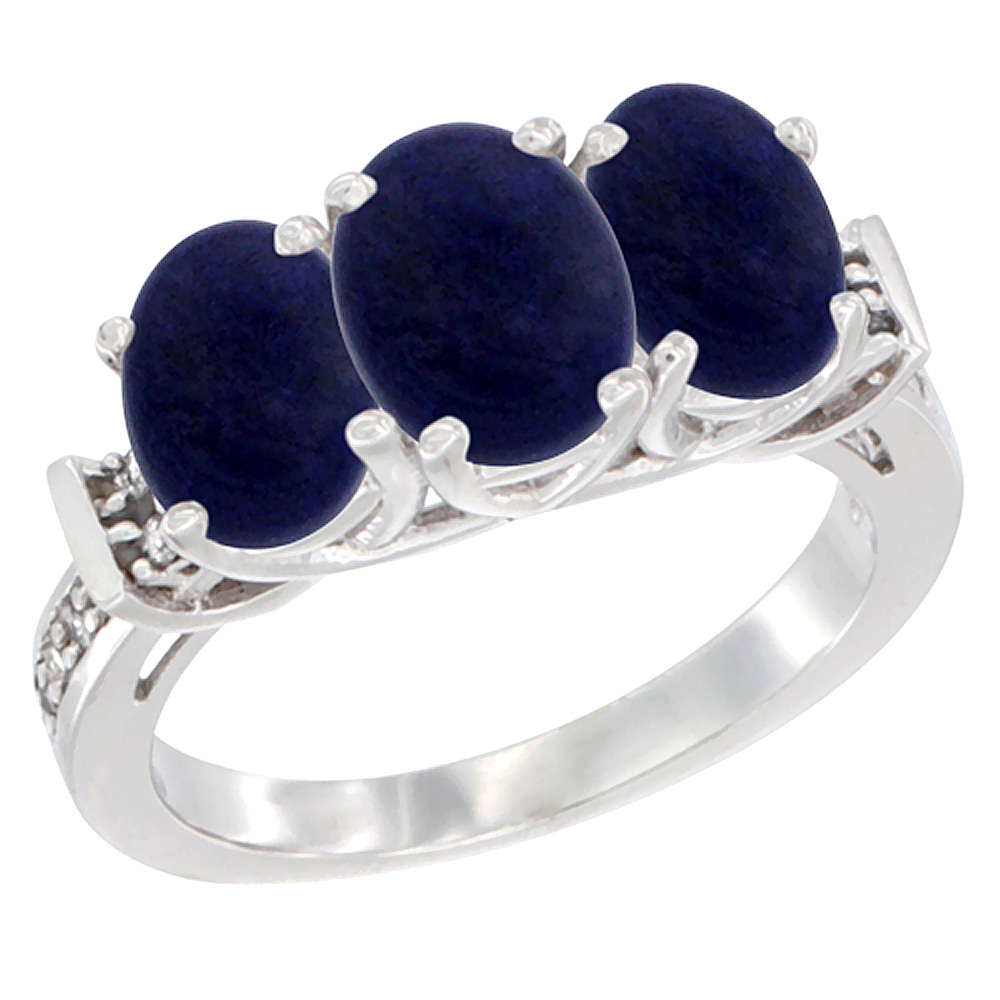 14K White Gold Natural Lapis Ring 3-Stone Oval Diamond Accent, sizes 5 - 10