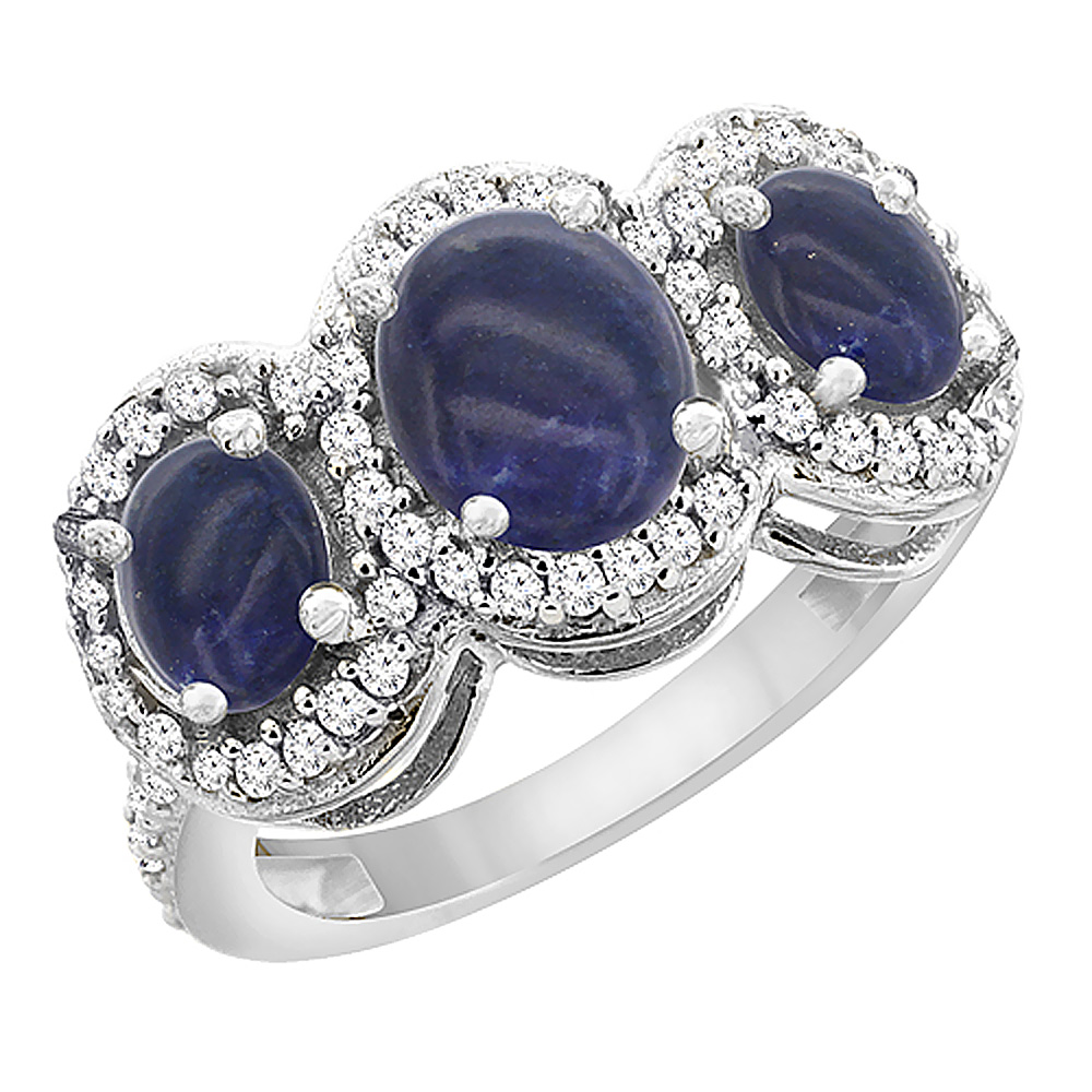 10K White Gold Natural Lapis 3-Stone Ring Oval Diamond Accent, sizes 5 - 10