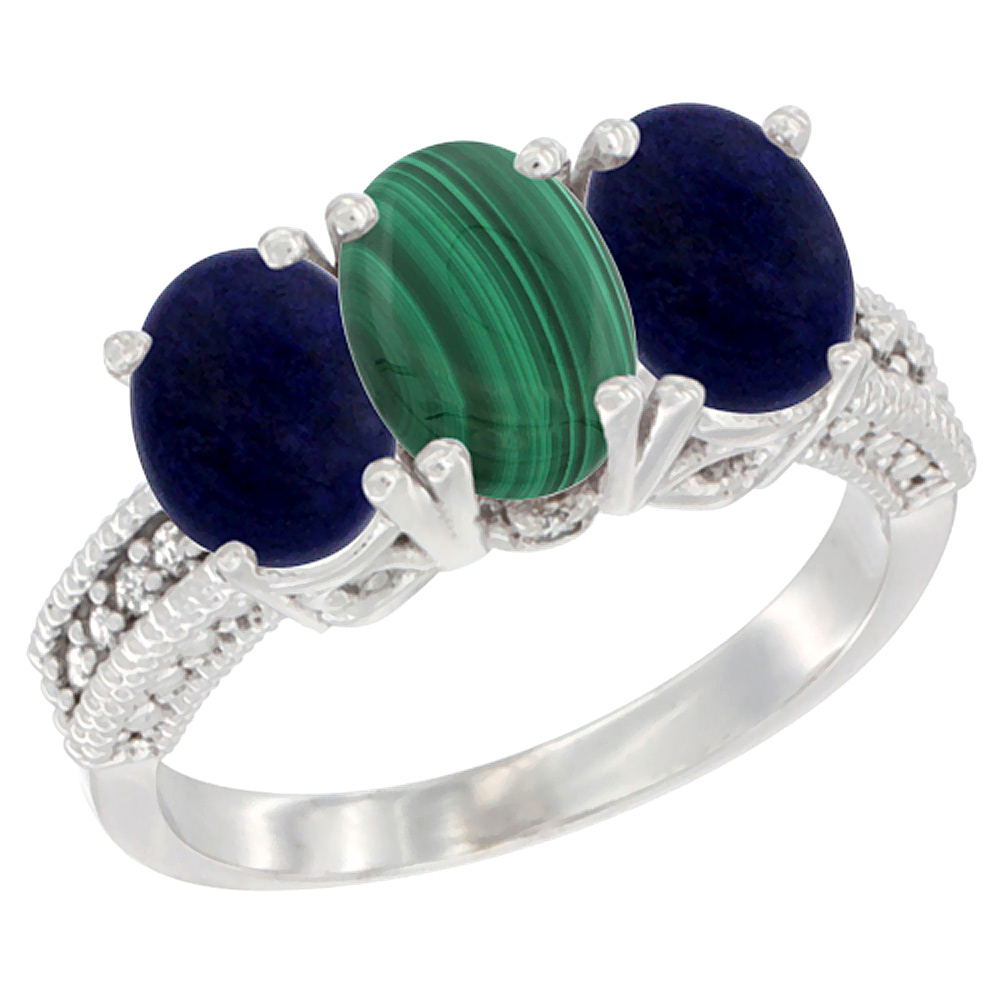 10K White Gold Diamond Natural Malachite &amp; Lapis Ring 3-Stone 7x5 mm Oval, sizes 5 - 10