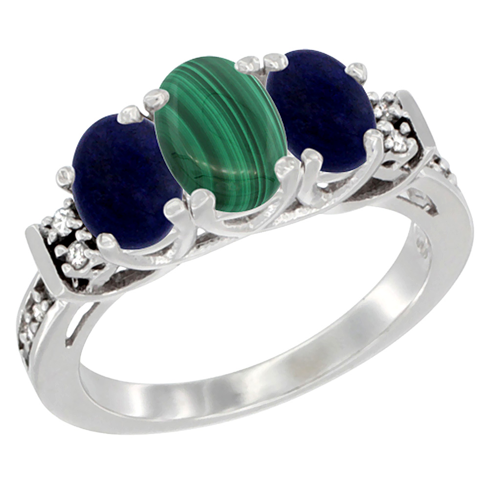 14K White Gold Natural Malachite & Lapis Ring 3-Stone Oval Diamond Accent, sizes 5-10