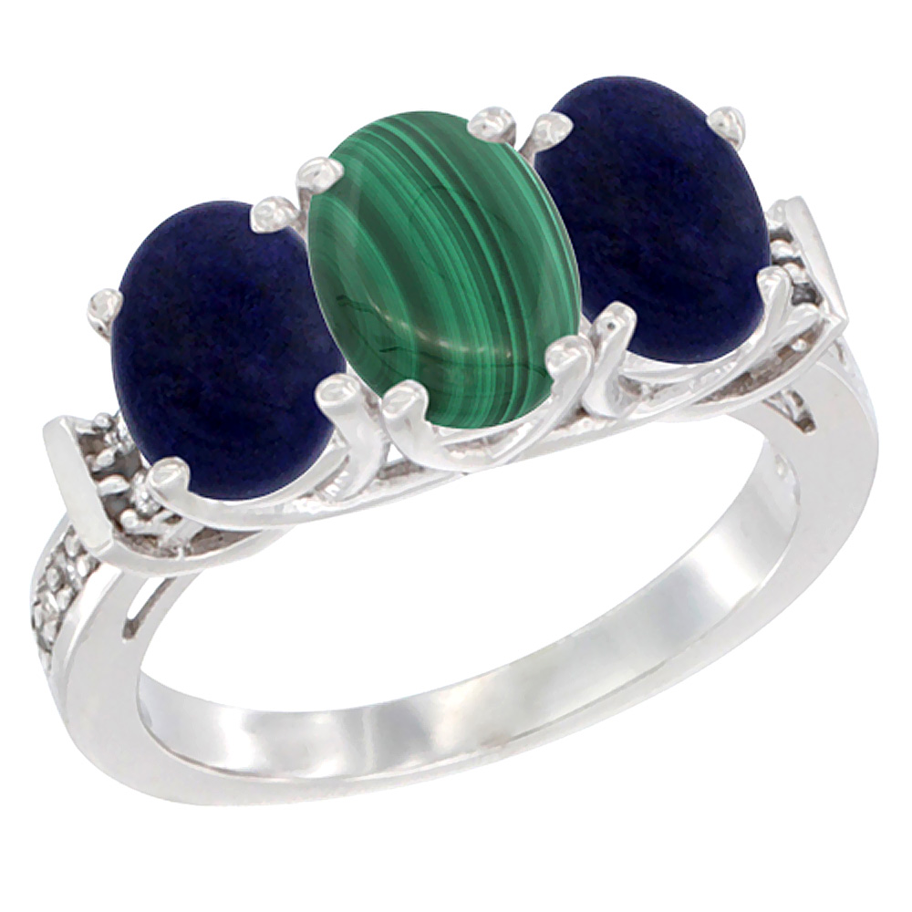 14K White Gold Natural Malachite & Lapis Sides Ring 3-Stone Oval Diamond Accent, sizes 5 - 10