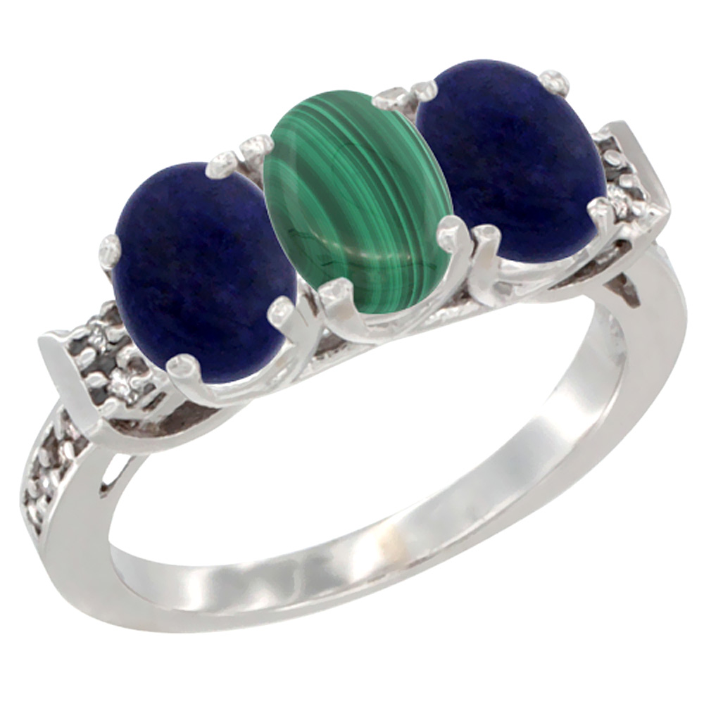 10K White Gold Natural Malachite & Lapis Sides Ring 3-Stone Oval 7x5 mm Diamond Accent, sizes 5 - 10