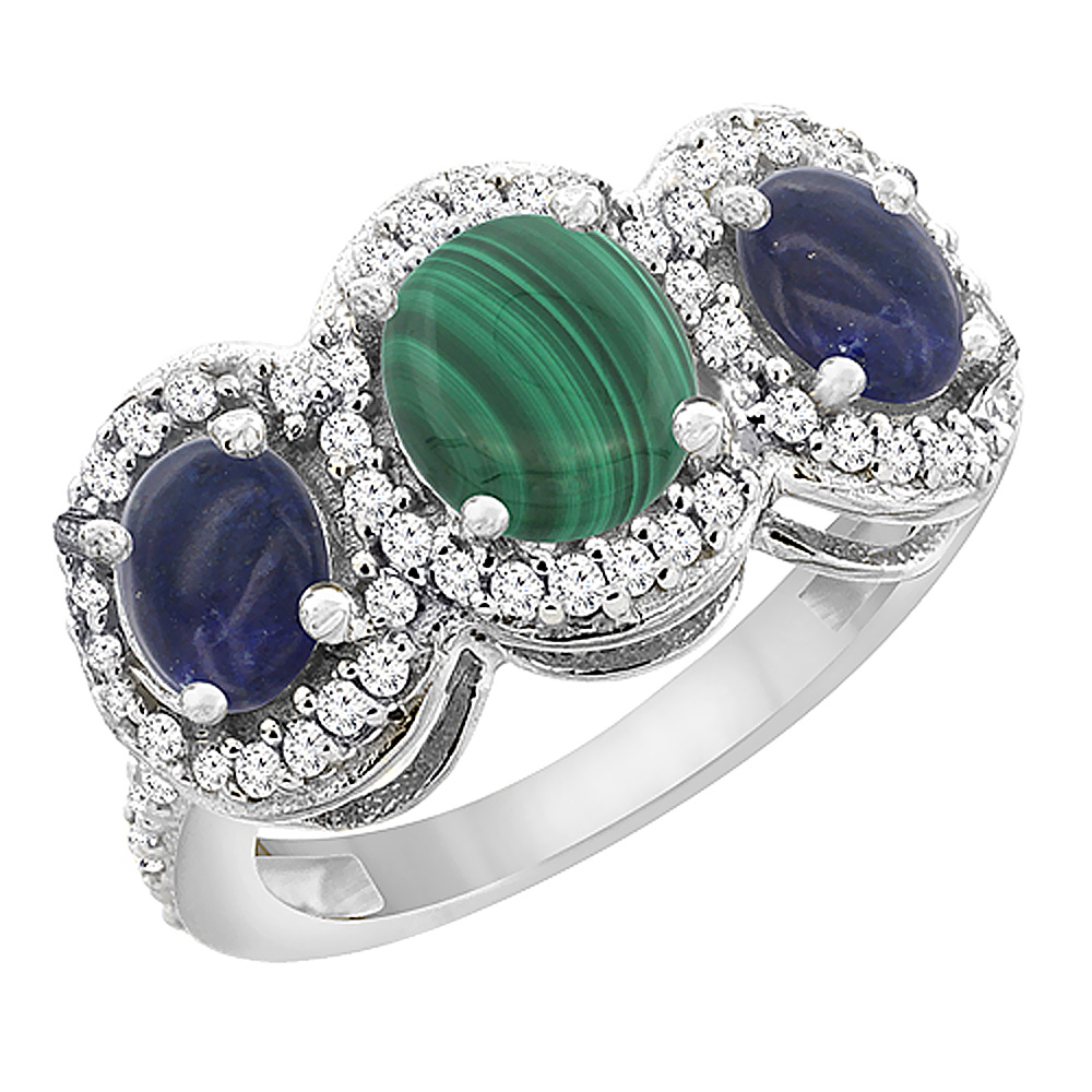 14K White Gold Natural Malachite & Lapis 3-Stone Ring Oval Diamond Accent, sizes 5 - 10