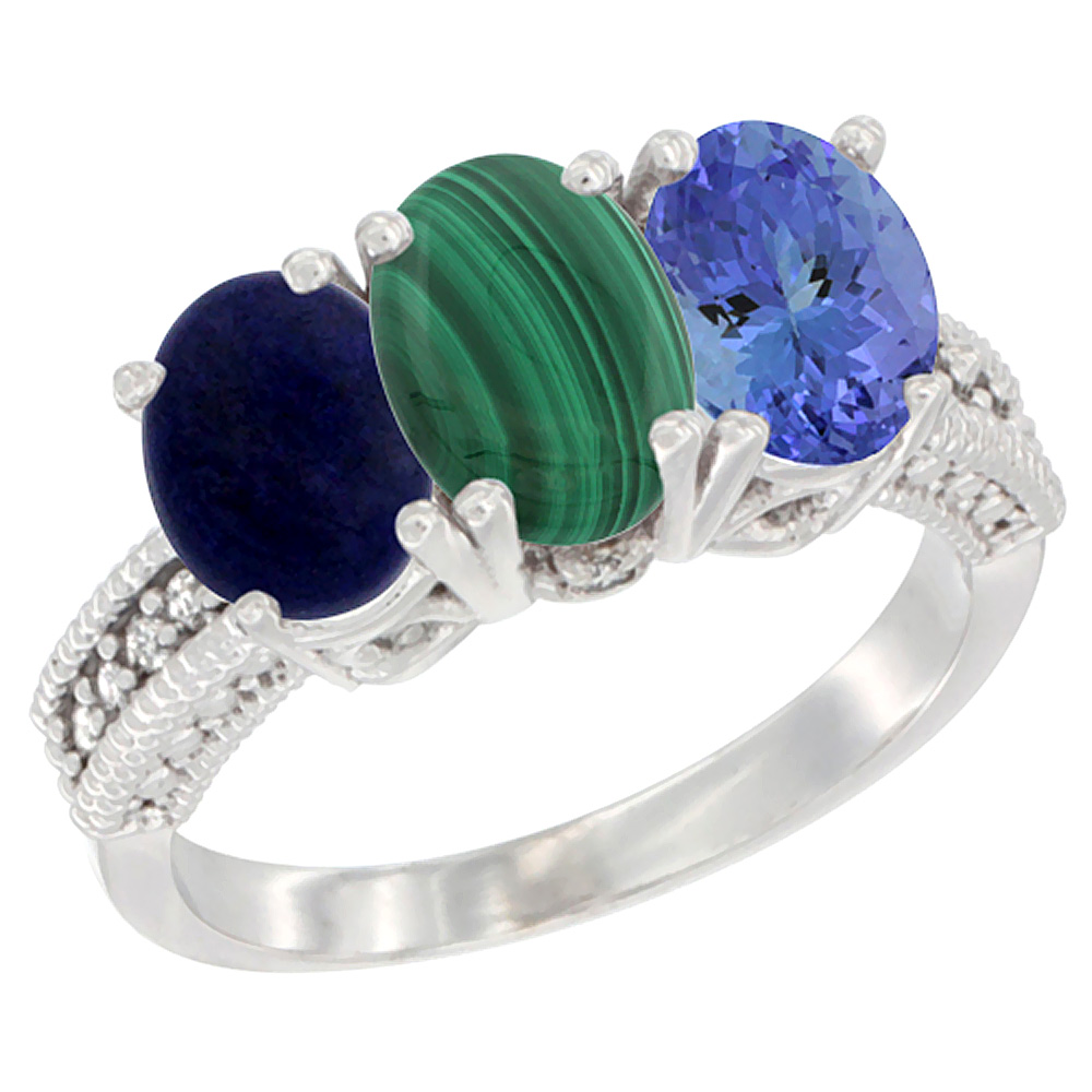 14K White Gold Natural Lapis, Malachite Ring with Tanzanite Ring 3-Stone 7x5 mm Oval Diamond Accent, sizes 5 - 10