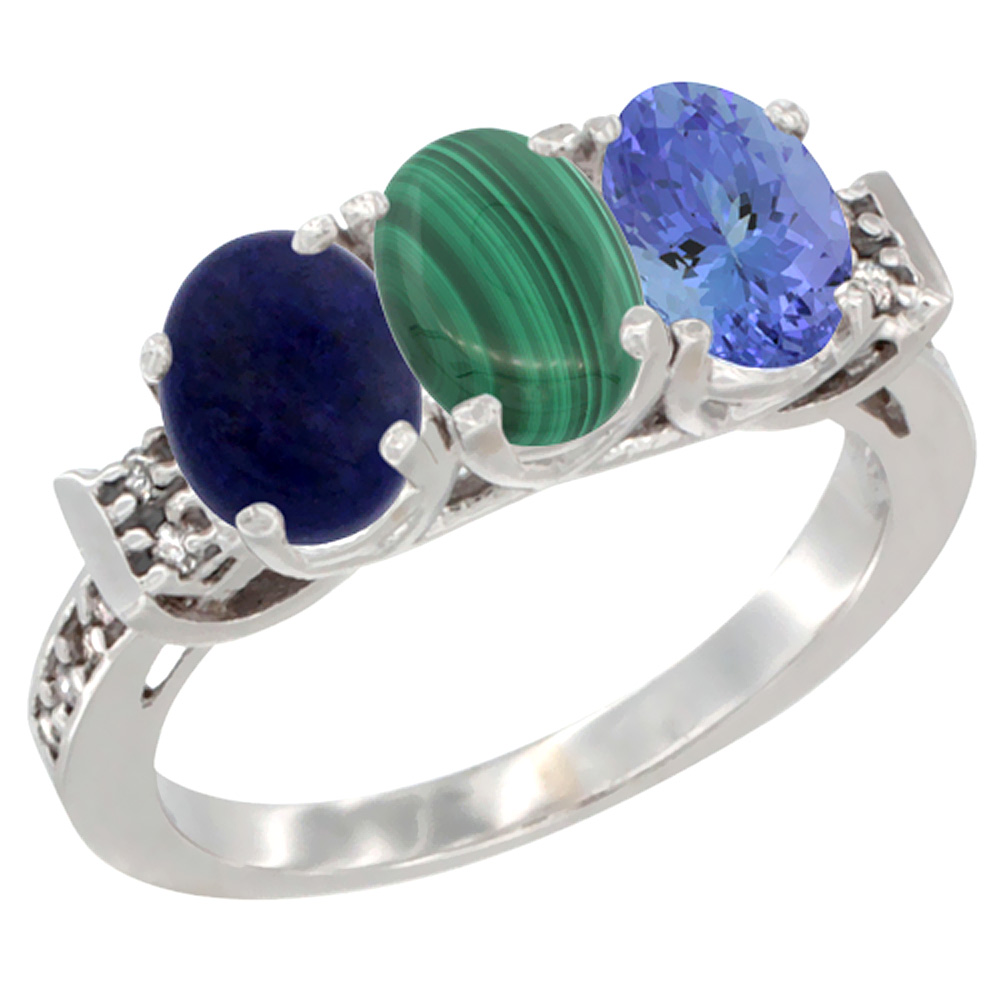 14K White Gold Natural Lapis, Malachite & Tanzanite Ring 3-Stone 7x5 mm Oval Diamond Accent, sizes 5 - 10