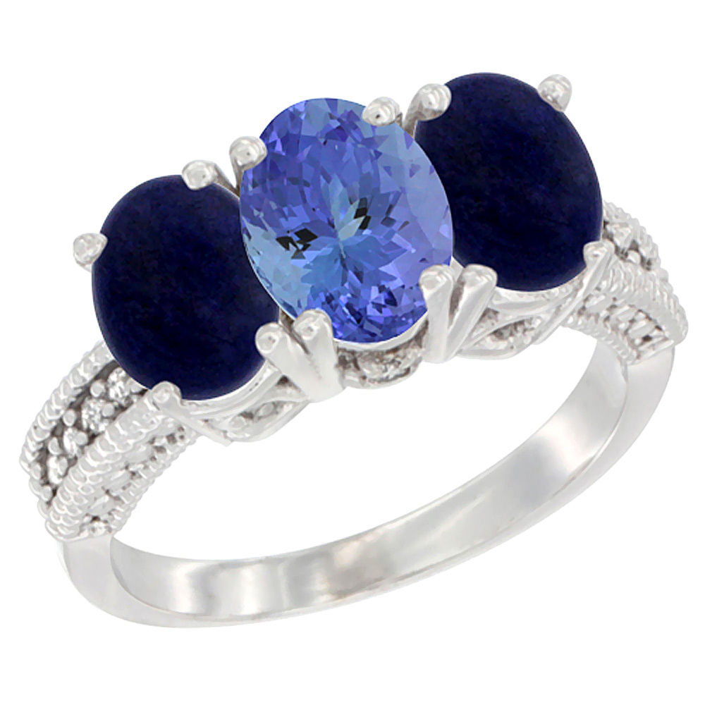 10K White Gold Diamond Natural Tanzanite & Lapis Ring 3-Stone 7x5 mm Oval, sizes 5 - 10