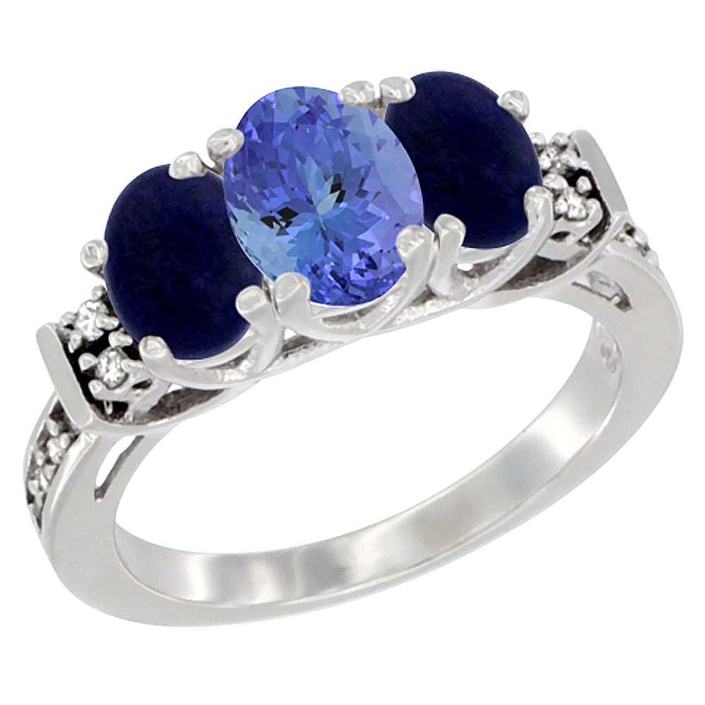 14K White Gold Natural Tanzanite &amp; Lapis Ring 3-Stone Oval Diamond Accent, sizes 5-10