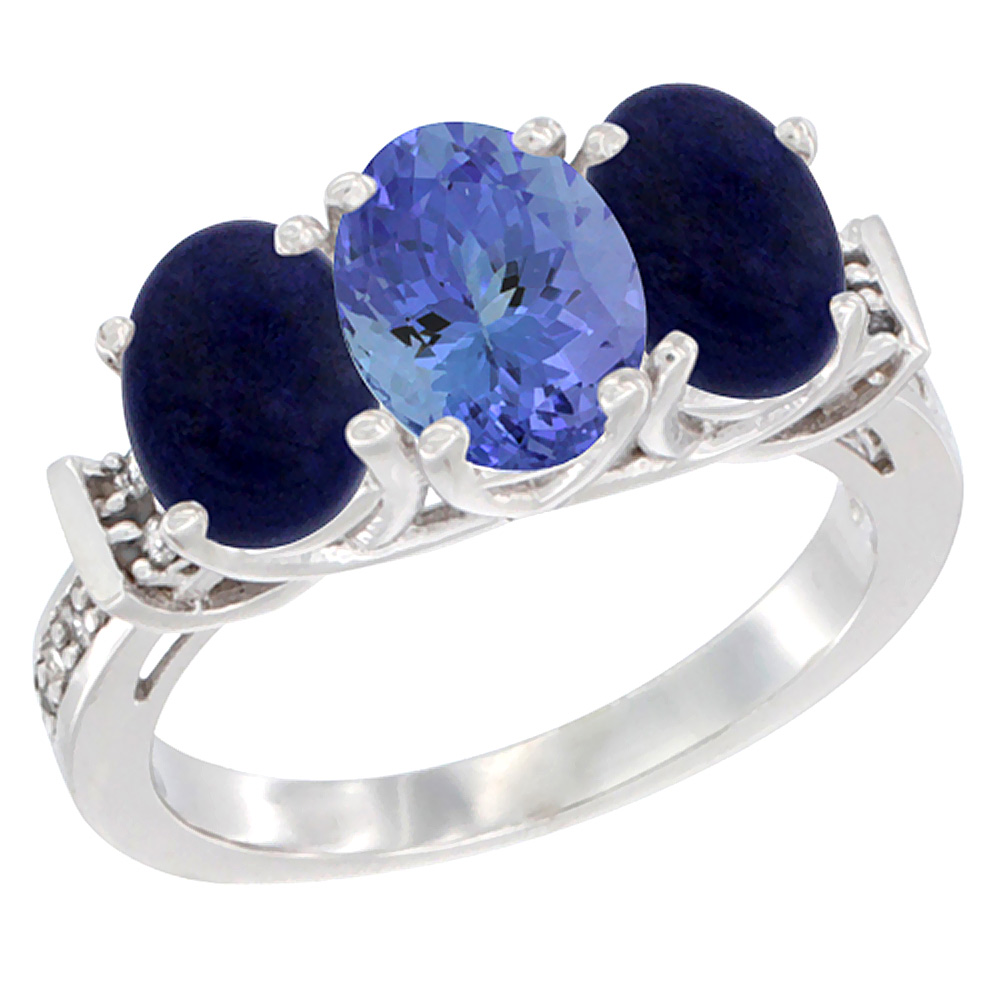 14K White Gold Natural Tanzanite &amp; Lapis Sides Ring 3-Stone Oval Diamond Accent, sizes 5 - 10