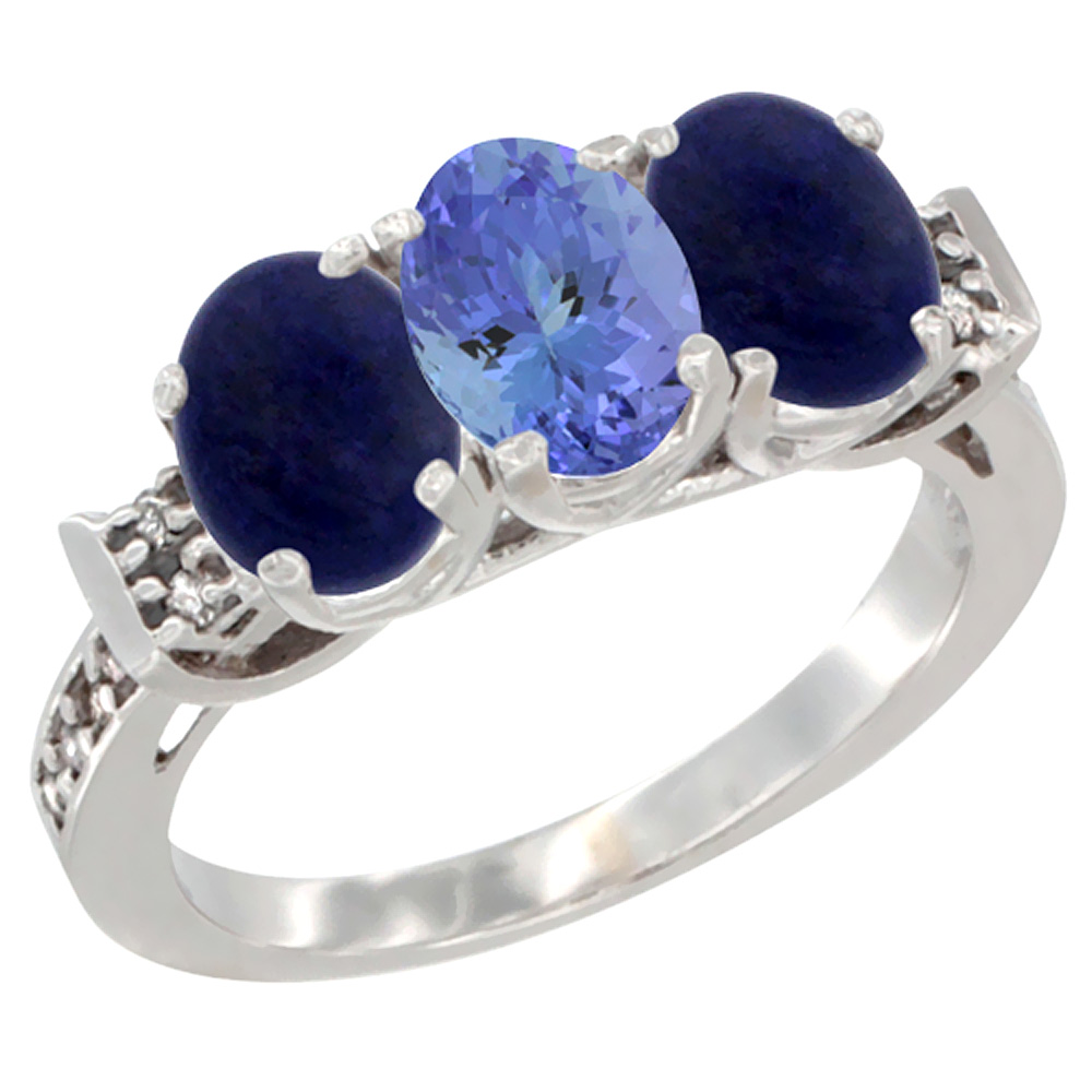 10K White Gold Natural Tanzanite & Lapis Sides Ring 3-Stone Oval 7x5 mm Diamond Accent, sizes 5 - 10