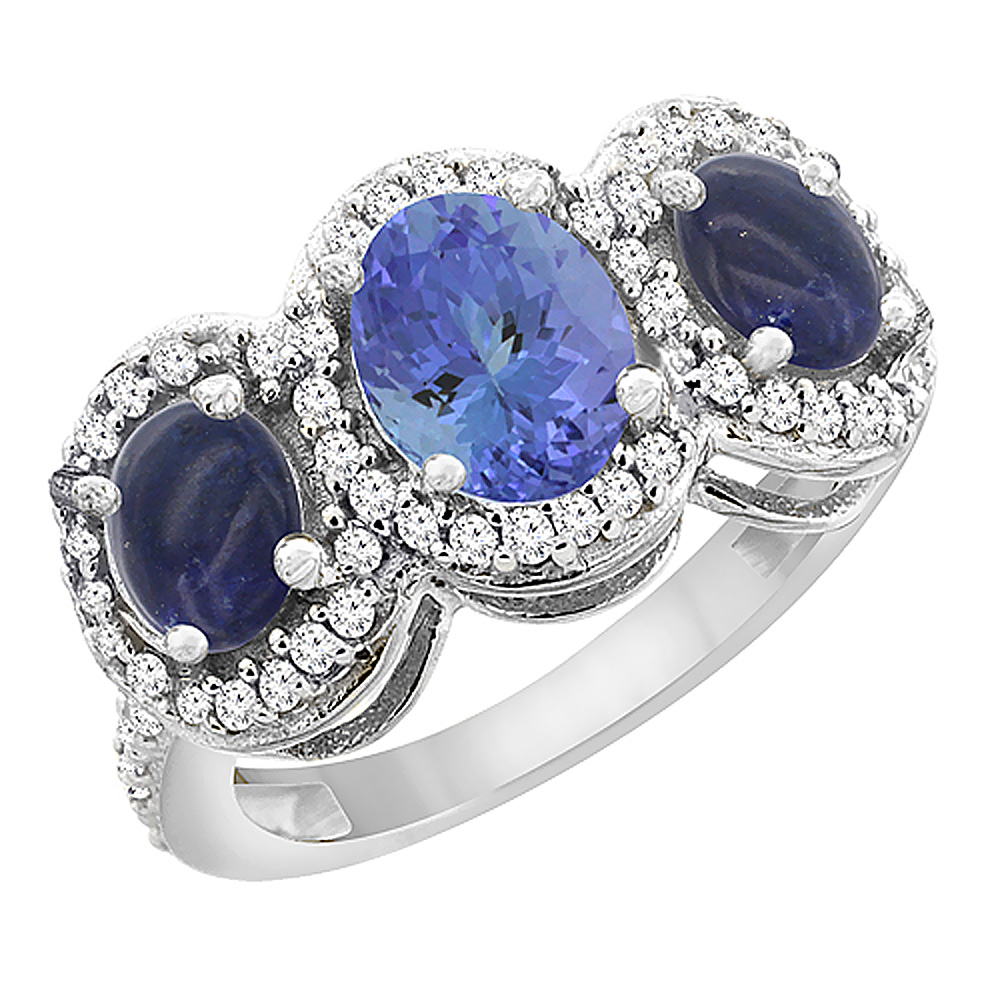 14K White Gold Natural Tanzanite & Lapis 3-Stone Ring Oval Diamond Accent, sizes 5 - 10