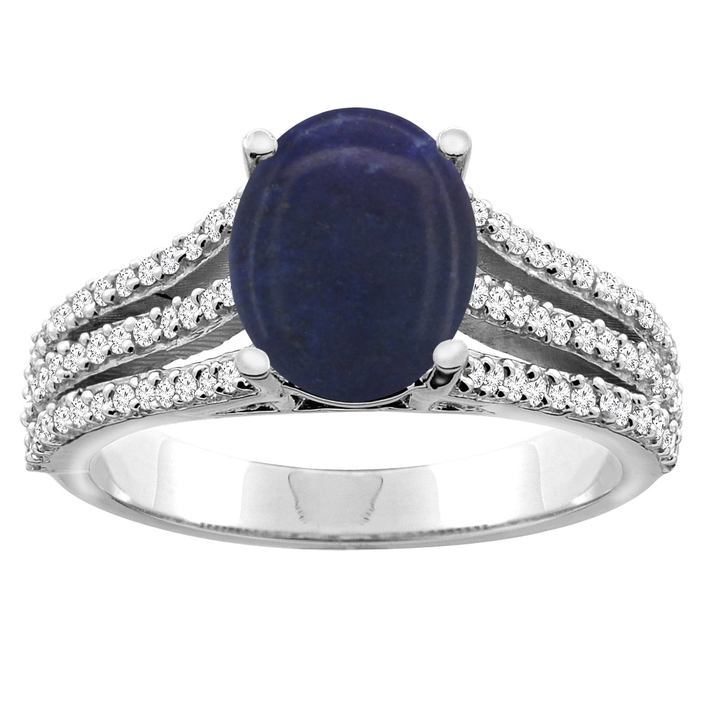 10K White/Yellow Gold Natural Lapis Tri-split Ring Oval 9x7mm Diamond Accents, sizes 5 - 10