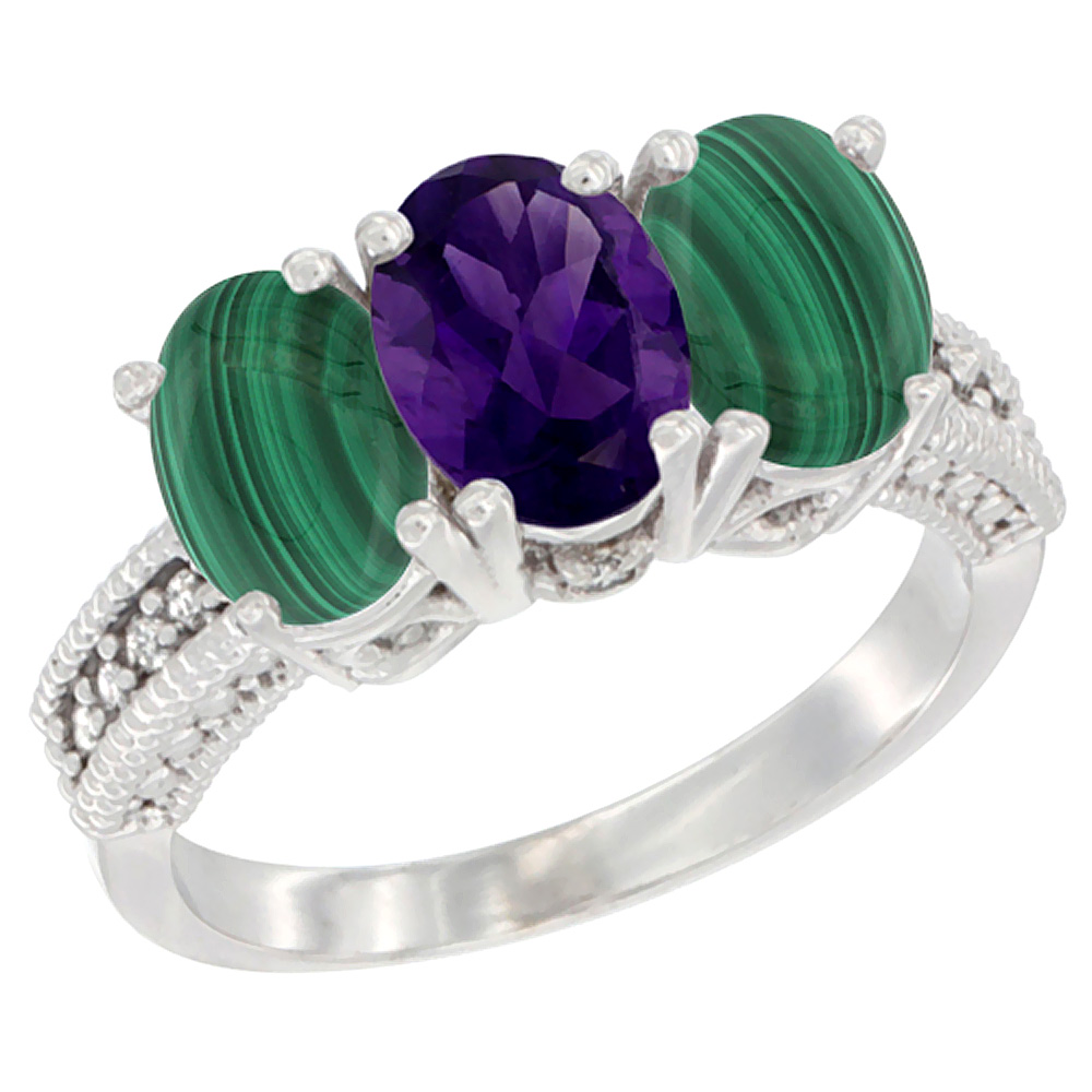 10K White Gold Diamond Natural Amethyst & Malachite Ring 3-Stone 7x5 mm Oval, sizes 5 - 10