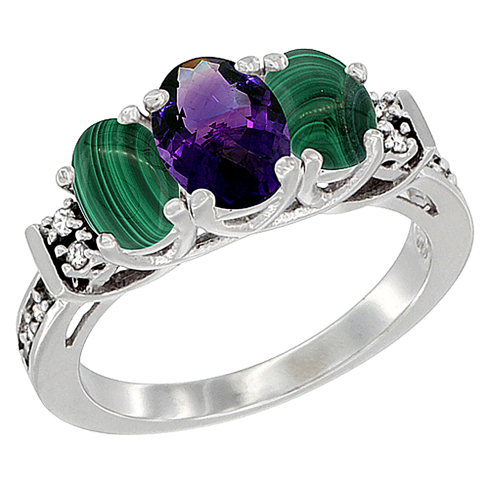 14K White Gold Natural Amethyst & Malachite Ring 3-Stone Oval Diamond Accent, sizes 5-10