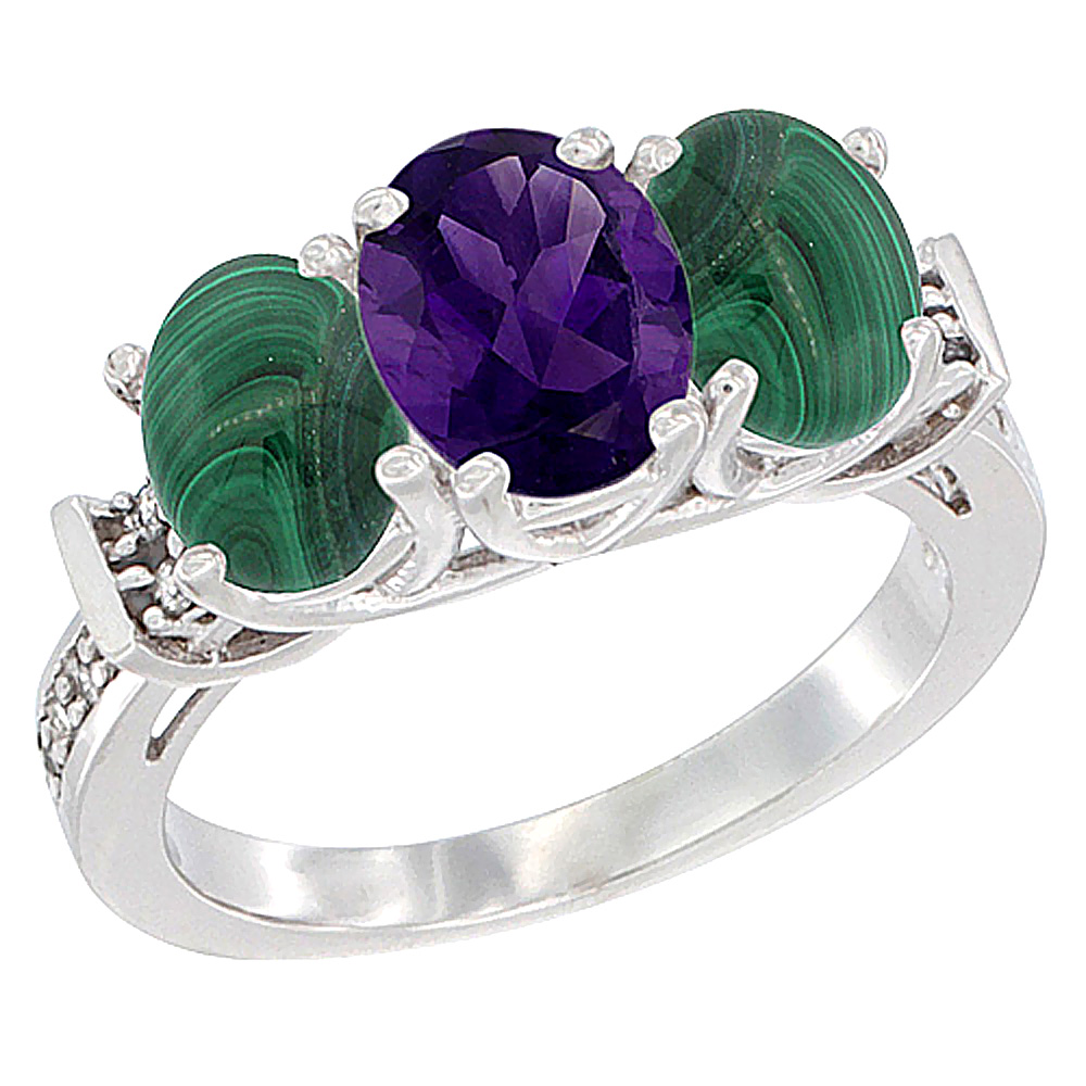 10K White Gold Natural Amethyst & Malachite Sides Ring 3-Stone Oval Diamond Accent, sizes 5 - 10