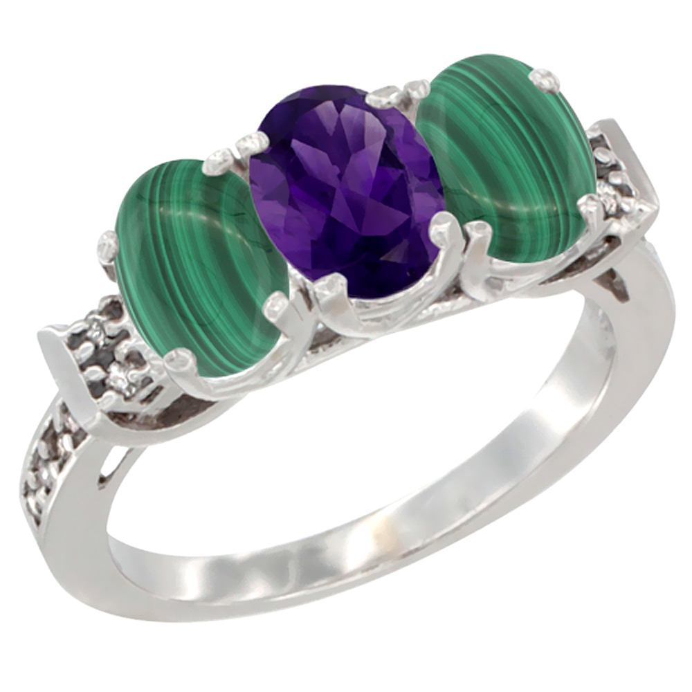 14K White Gold Natural Amethyst & Malachite Ring 3-Stone 7x5 mm Oval Diamond Accent, sizes 5 - 10