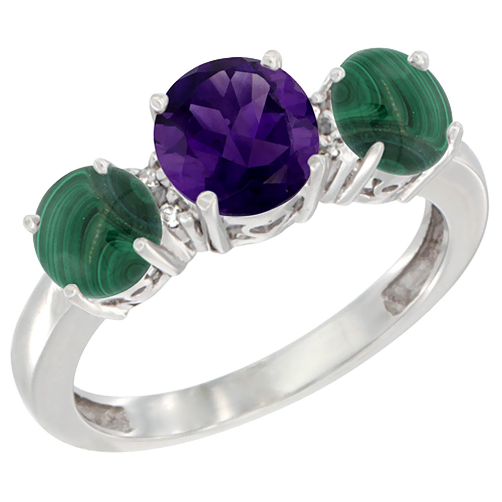 14K White Gold Round 3-Stone Natural Amethyst Ring & Malachite Sides Diamond Accent, sizes 5 - 10