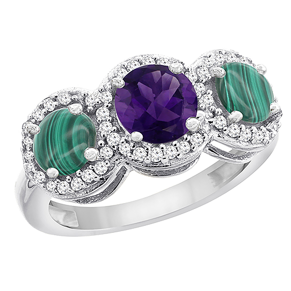 10K White Gold Natural Amethyst & Malachite Sides Round 3-stone Ring Diamond Accents, sizes 5 - 10