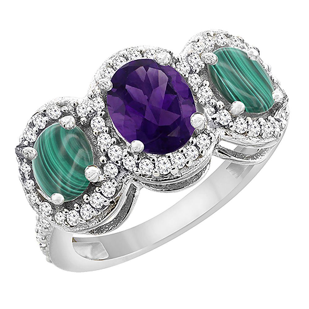 14K White Gold Natural Amethyst & Malachite 3-Stone Ring Oval Diamond Accent, sizes 5 - 10