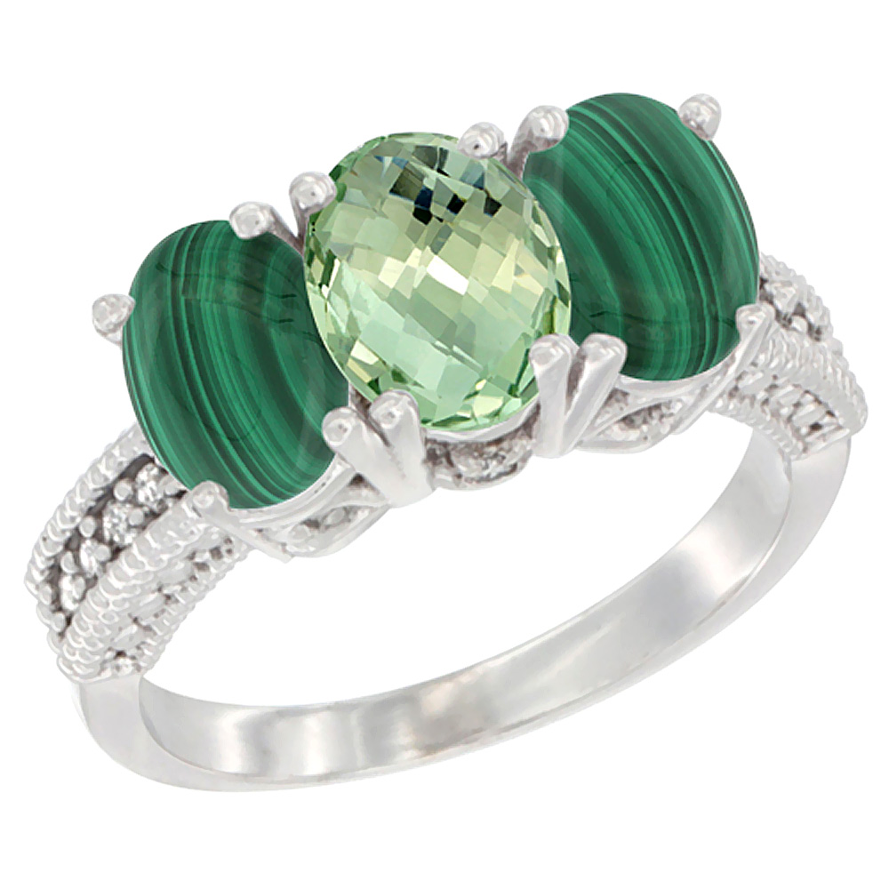 10K White Gold Diamond Natural Green Amethyst &amp; Malachite Ring 3-Stone 7x5 mm Oval, sizes 5 - 10