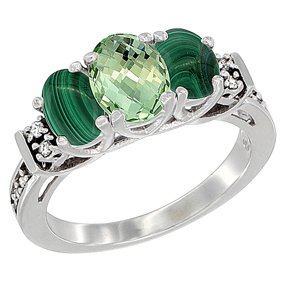 14K White Gold Natural Green Amethyst &amp; Malachite Ring 3-Stone Oval Diamond Accent, sizes 5-10