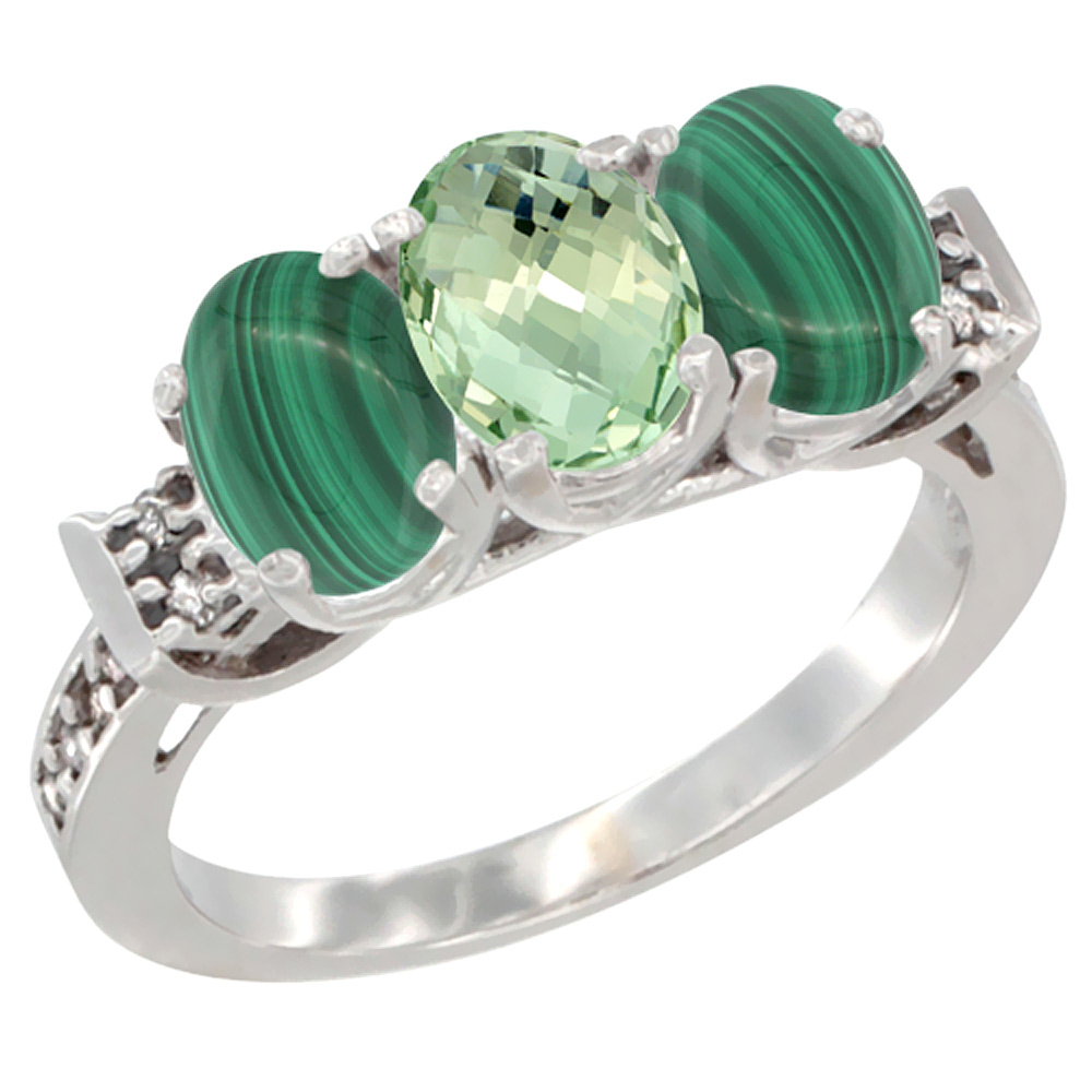 14K White Gold Natural Green Amethyst & Malachite Ring 3-Stone 7x5 mm Oval Diamond Accent, sizes 5 - 10