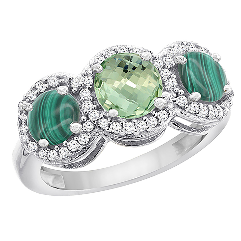 14K White Gold Natural Green Amethyst & Malachite Sides Round 3-stone Ring Diamond Accents, sizes 5 - 10